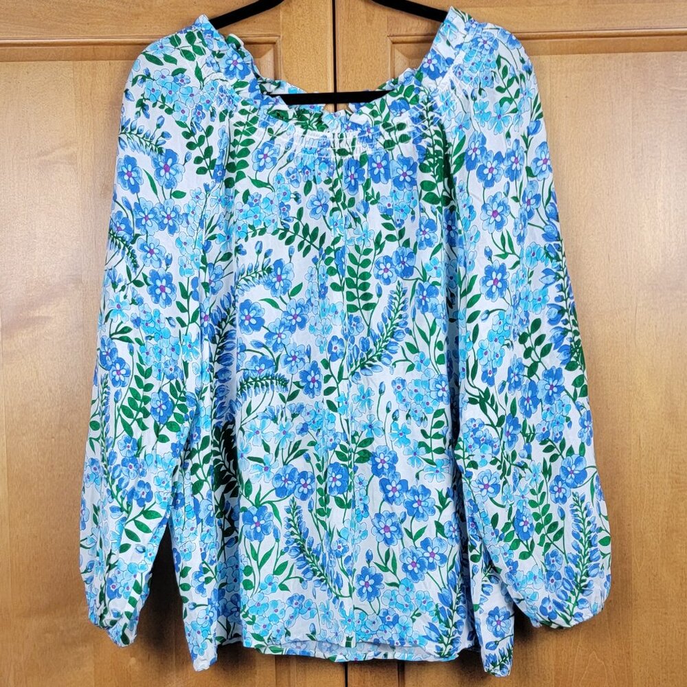Talbots Blue Climbing Floral Popover Smocked Blouse - L - Picture 3 of 13